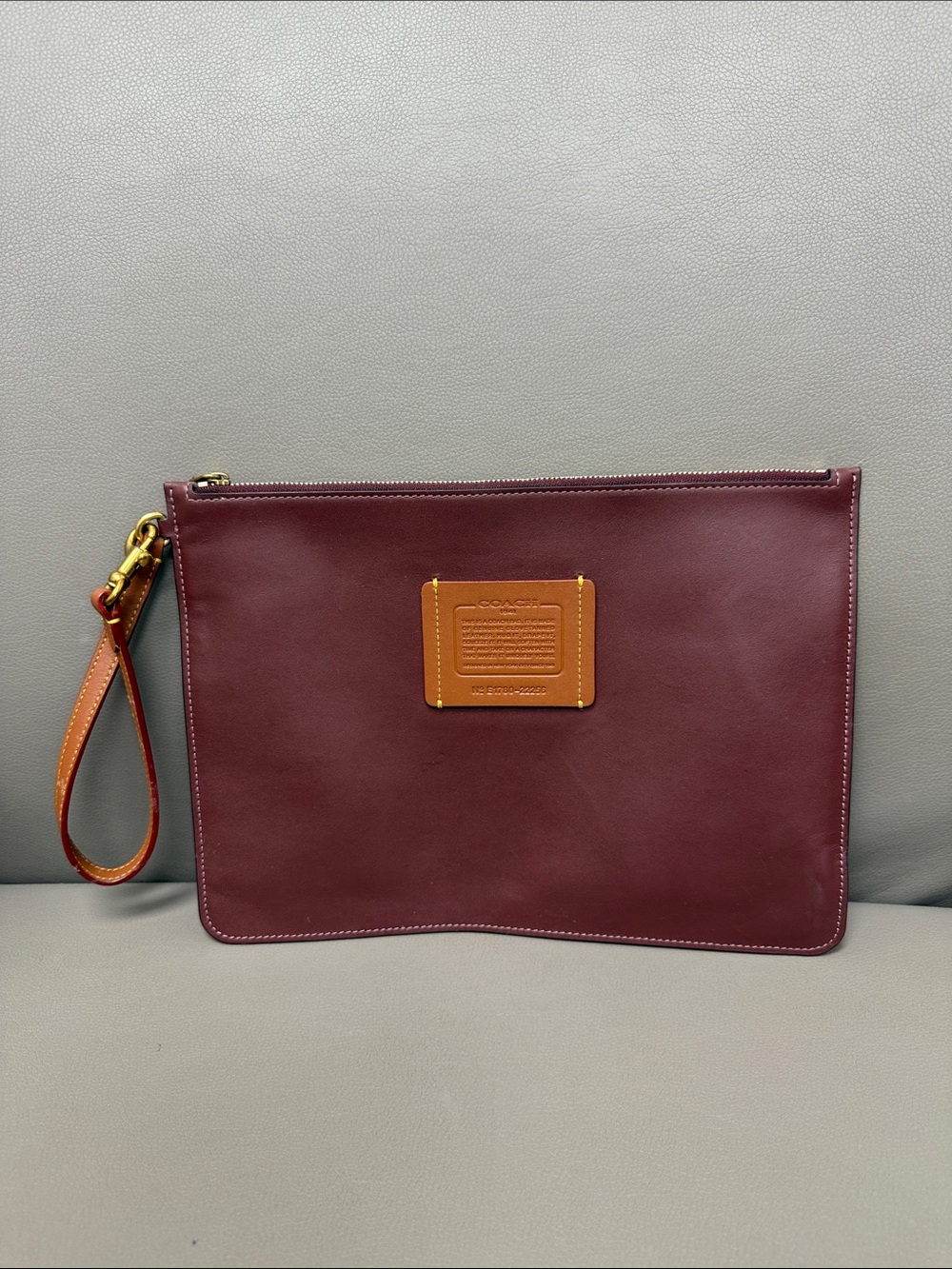 Coach Burgundy Large Leather Wristlet/Pouch with Tan Patch and Strap- NWOT